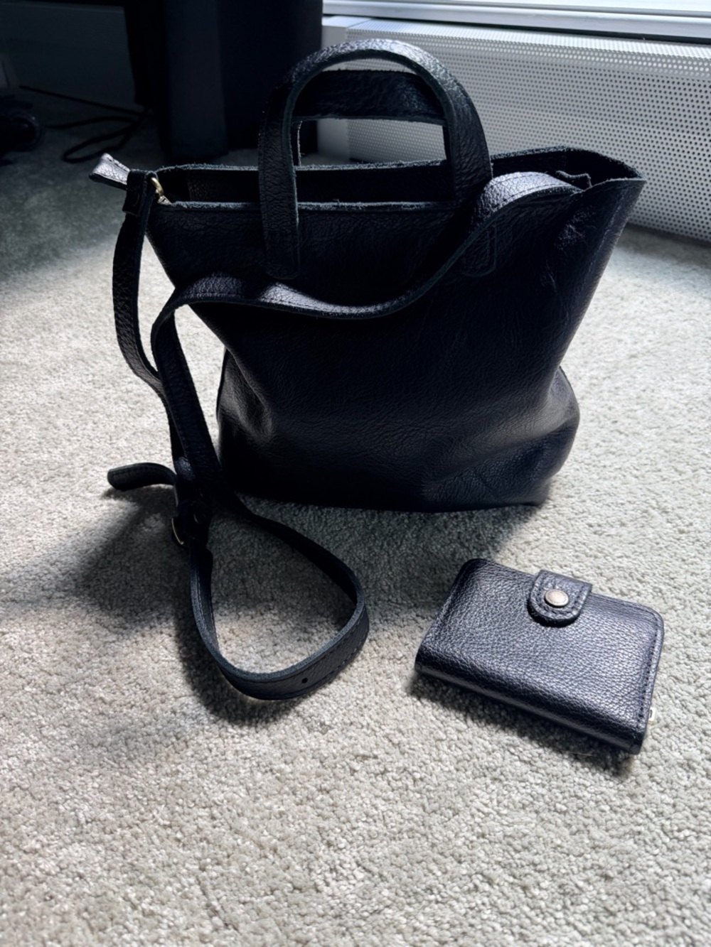 Portland Leather Classic Black Leather Mini Crossbody Tote + Mini Bifold Wallet
